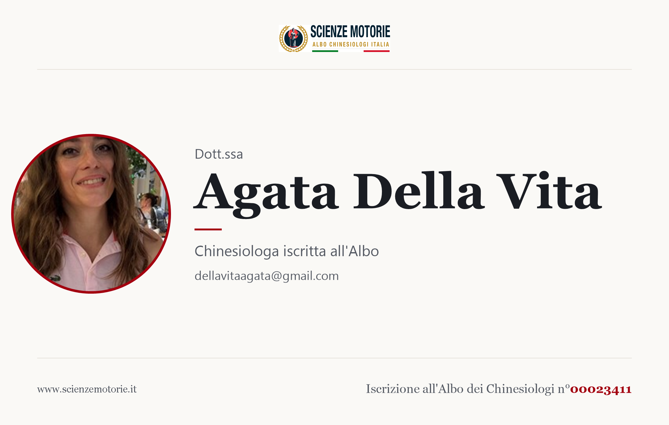 Biglietto da visita di Agata Della Vita, Chinesiologo iscritto all'Albo n. 00023411