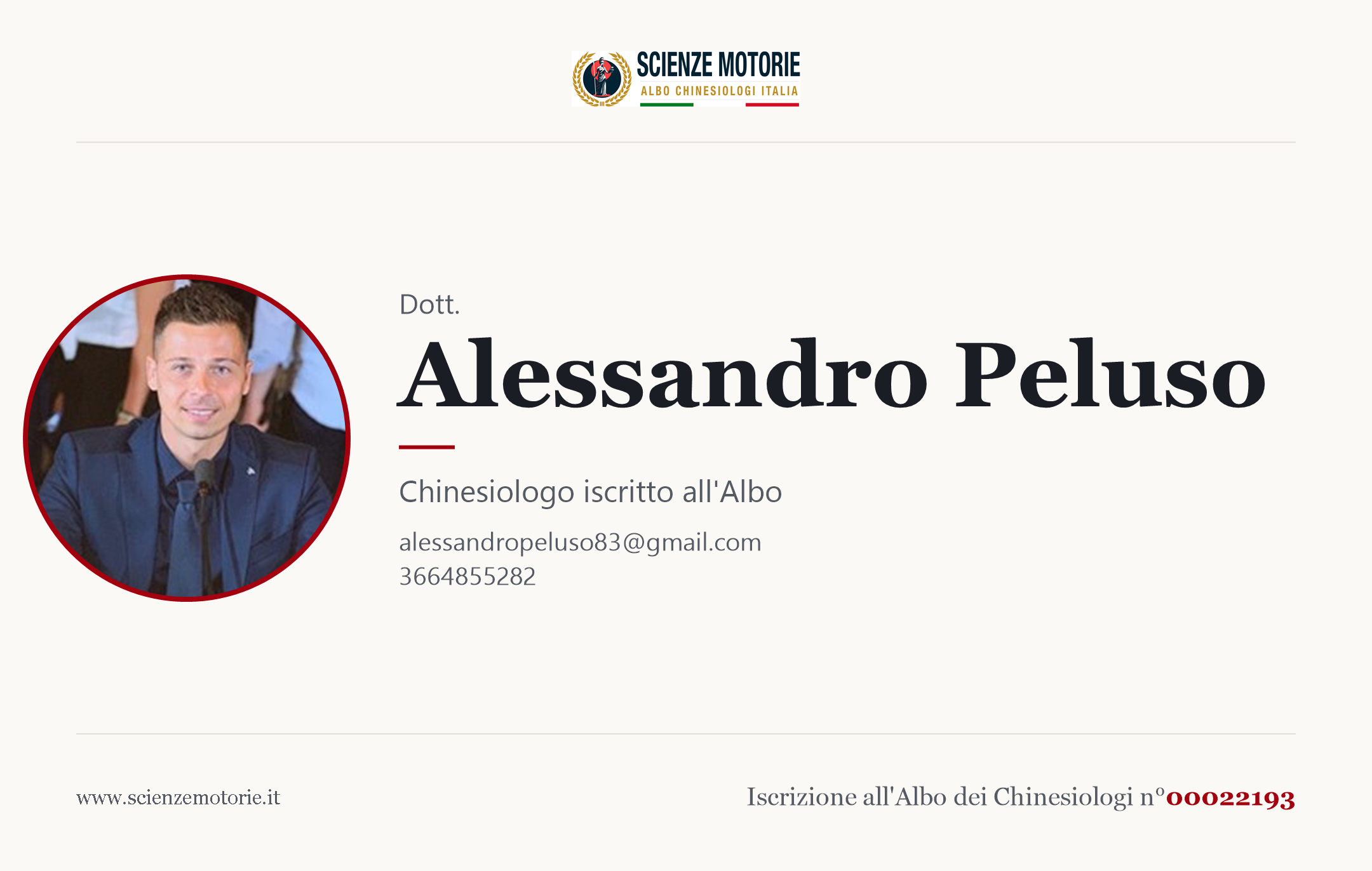 Biglietto da visita di Alessandro Peluso, Chinesiologo iscritto all'Albo n. 00022193