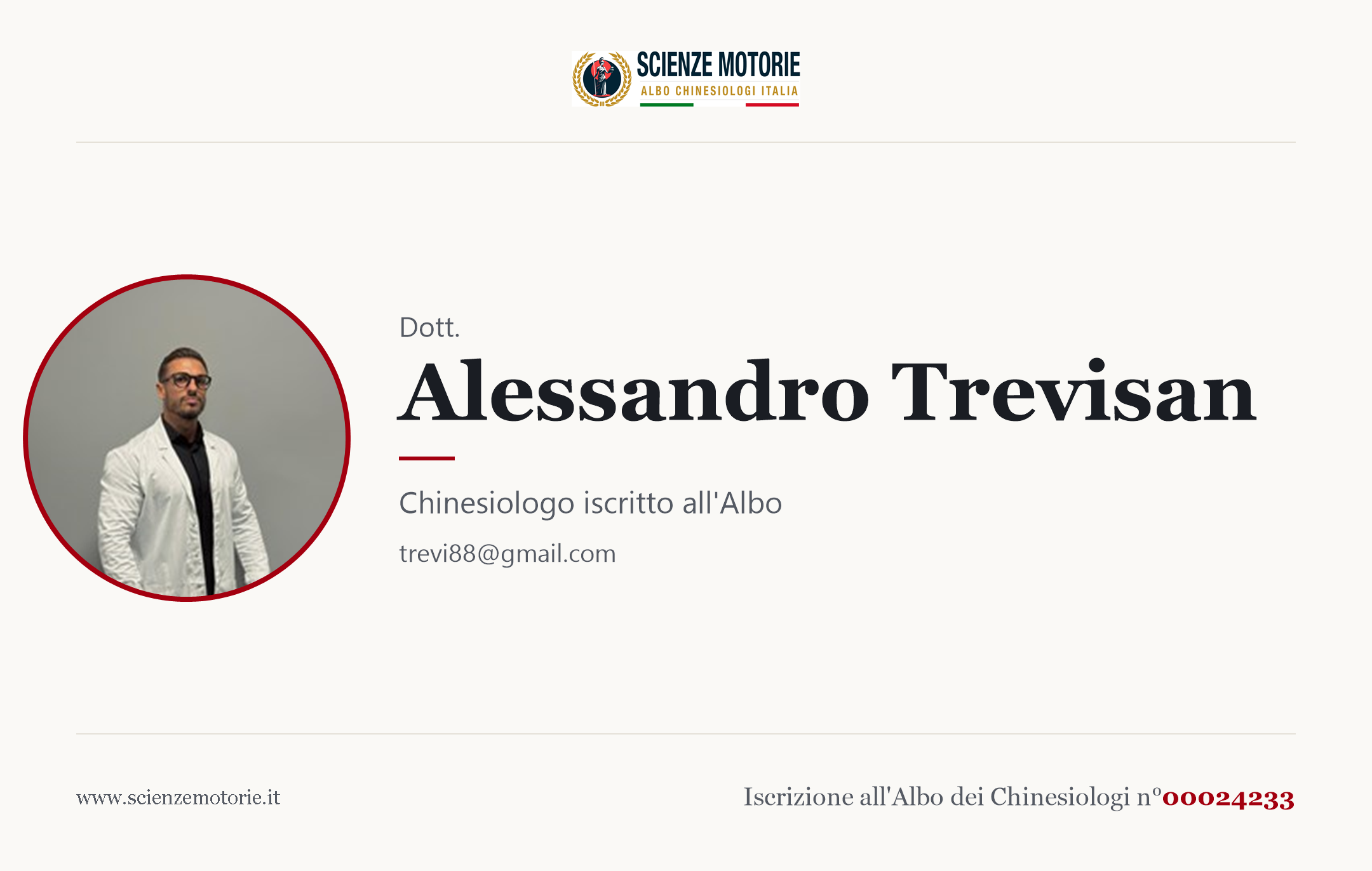 Biglietto da visita di Alessandro Trevisan, Chinesiologo iscritto all'Albo n. 00024233