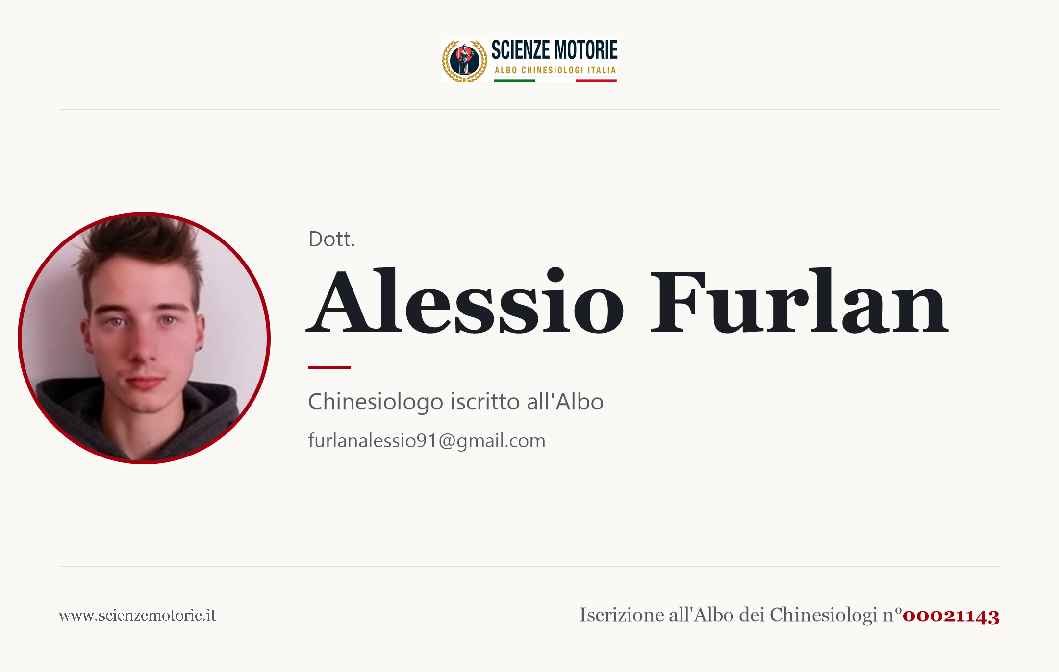 Biglietto da visita di Alessio Furlan, Chinesiologo iscritto all'Albo n. 00021143