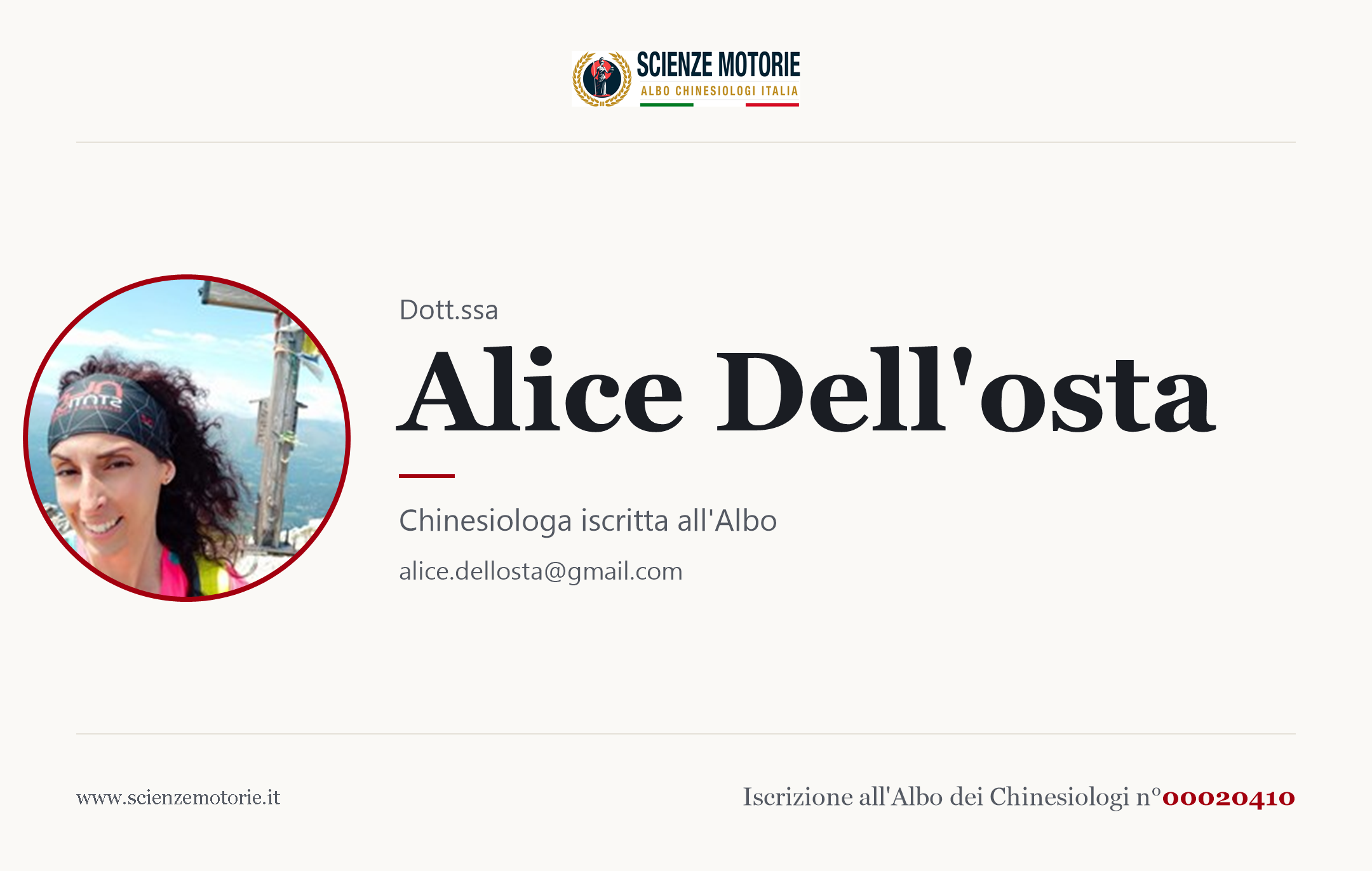 Biglietto da visita di Alice Dell'osta, Chinesiologo iscritto all'Albo n. 00020410