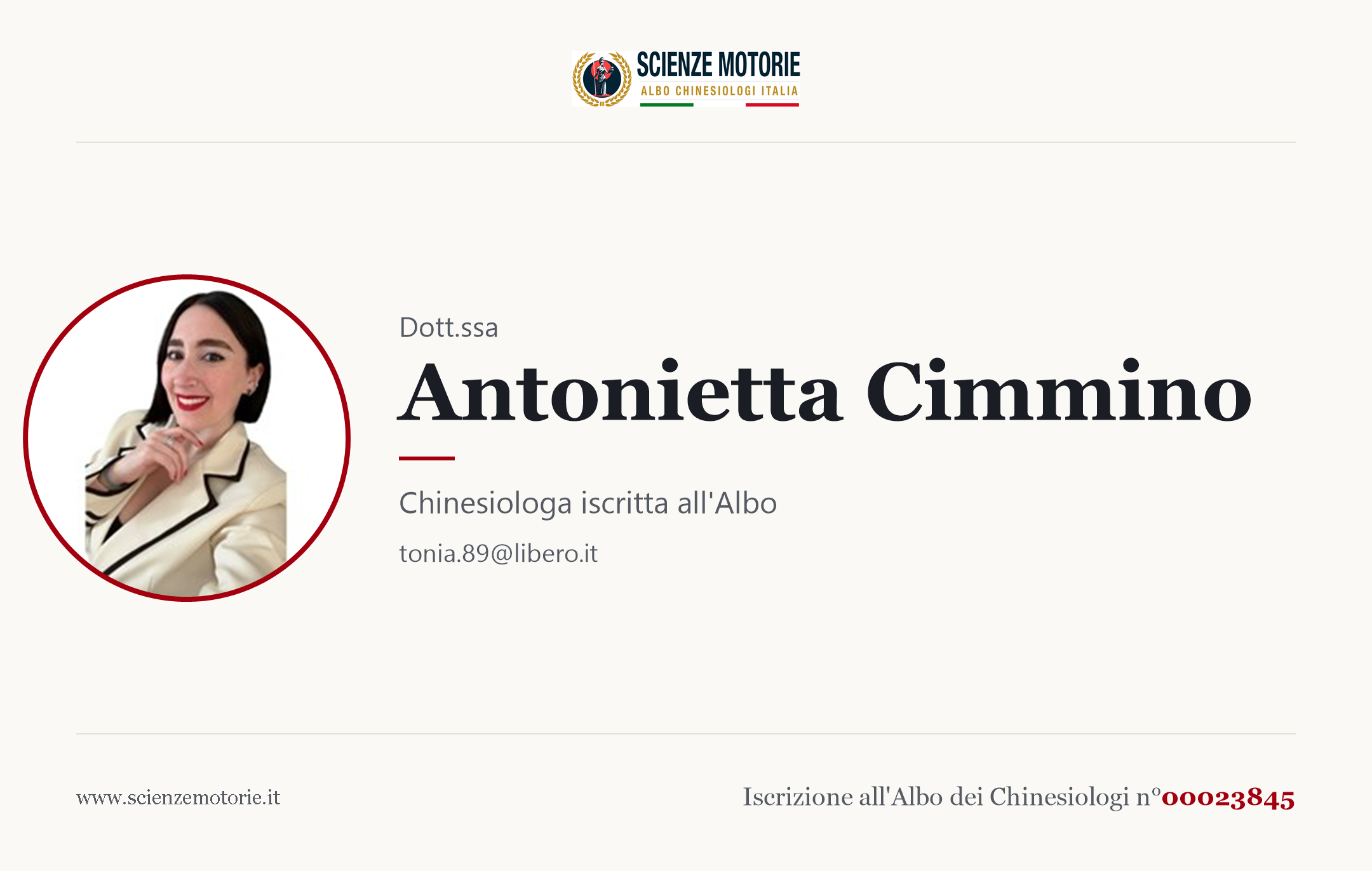 Biglietto da visita di Antonietta Cimmino, Chinesiologo iscritto all'Albo n. 00023845