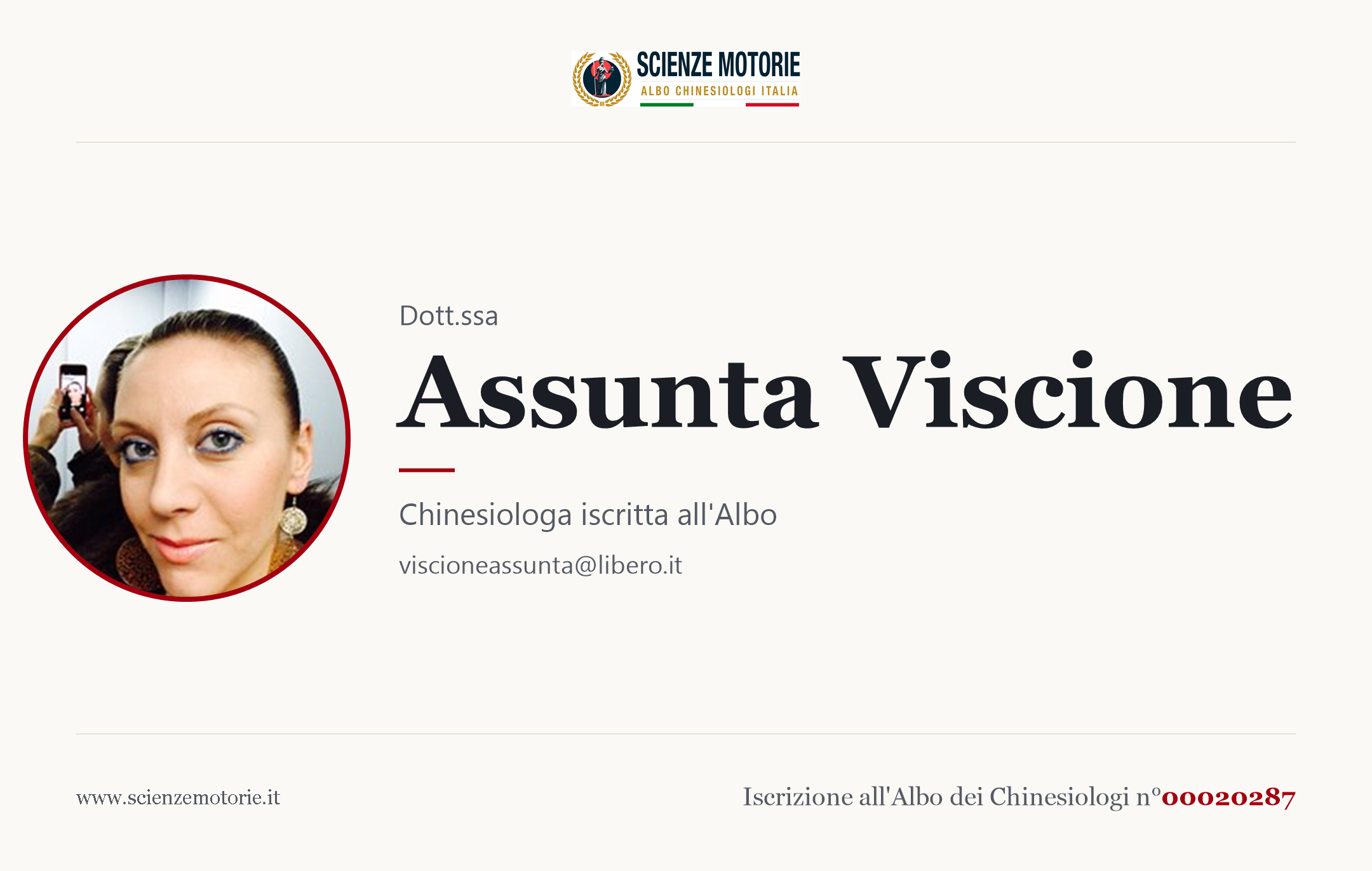Biglietto da visita di Assunta Viscione, Chinesiologo iscritto all'Albo n. 00020287