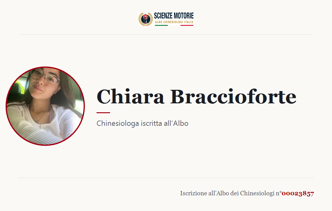 Biglietto da visita di Chiara Braccioforte, Chinesiologo iscritto all'Albo n. 00023857
