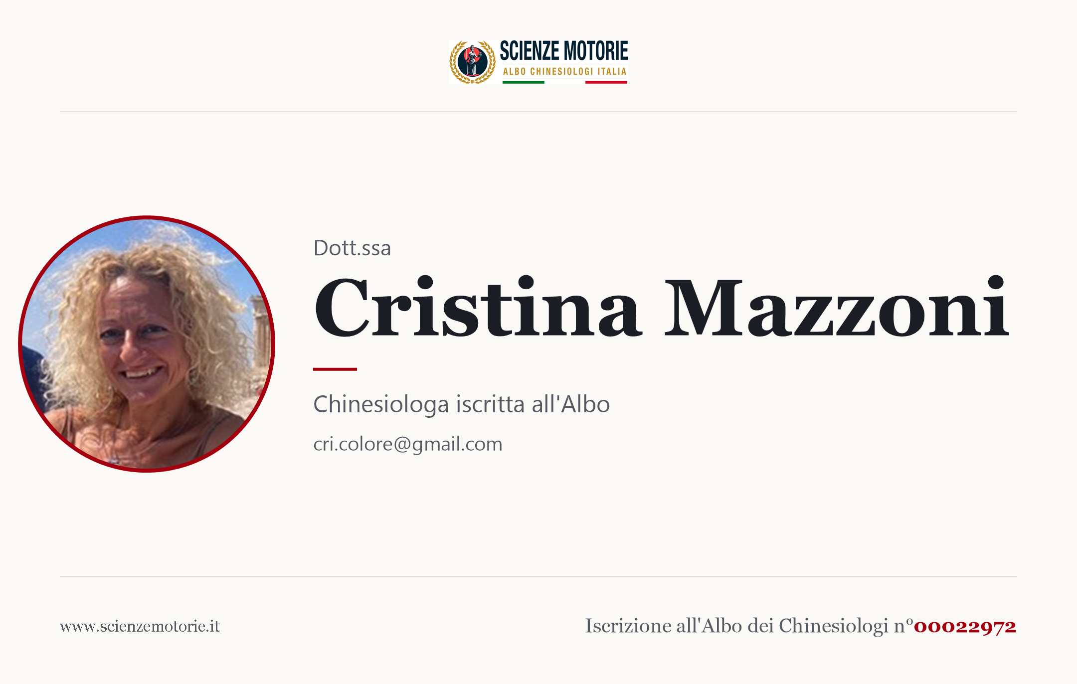 Biglietto da visita di Cristina Mazzoni, Chinesiologo iscritto all'Albo n. 00022972