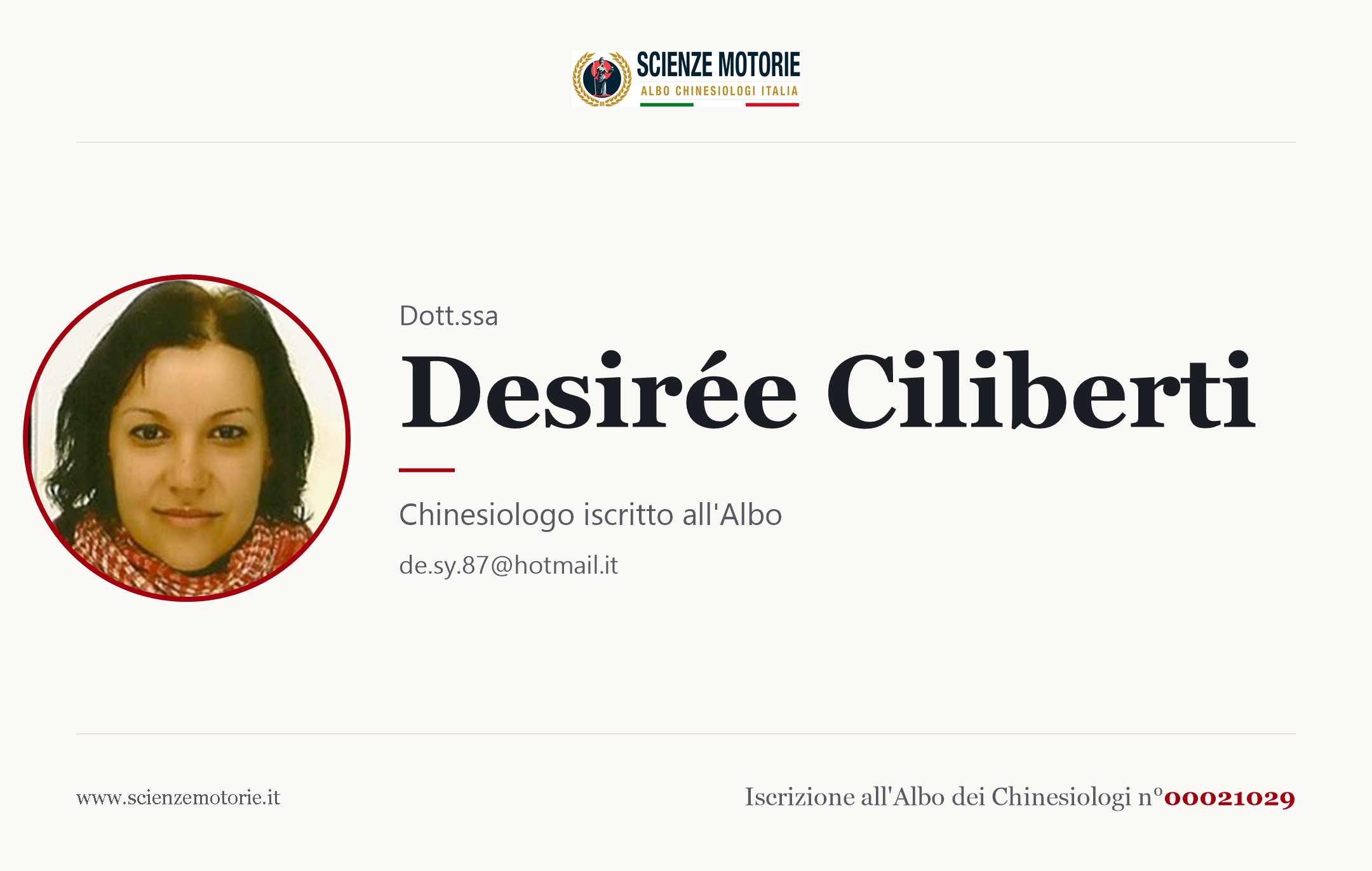 Biglietto da visita di Desirée Ciliberti, Chinesiologo iscritto all'Albo n. 00021029