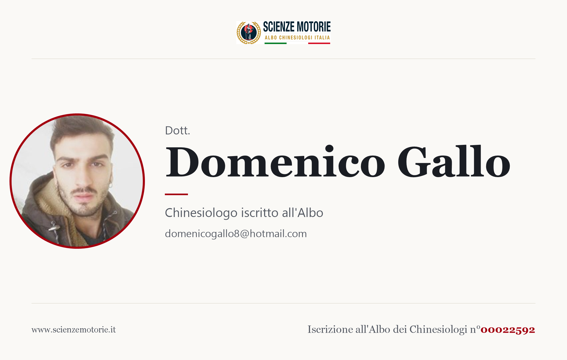 Biglietto da visita di Domenico Gallo, Chinesiologo iscritto all'Albo n. 00022592