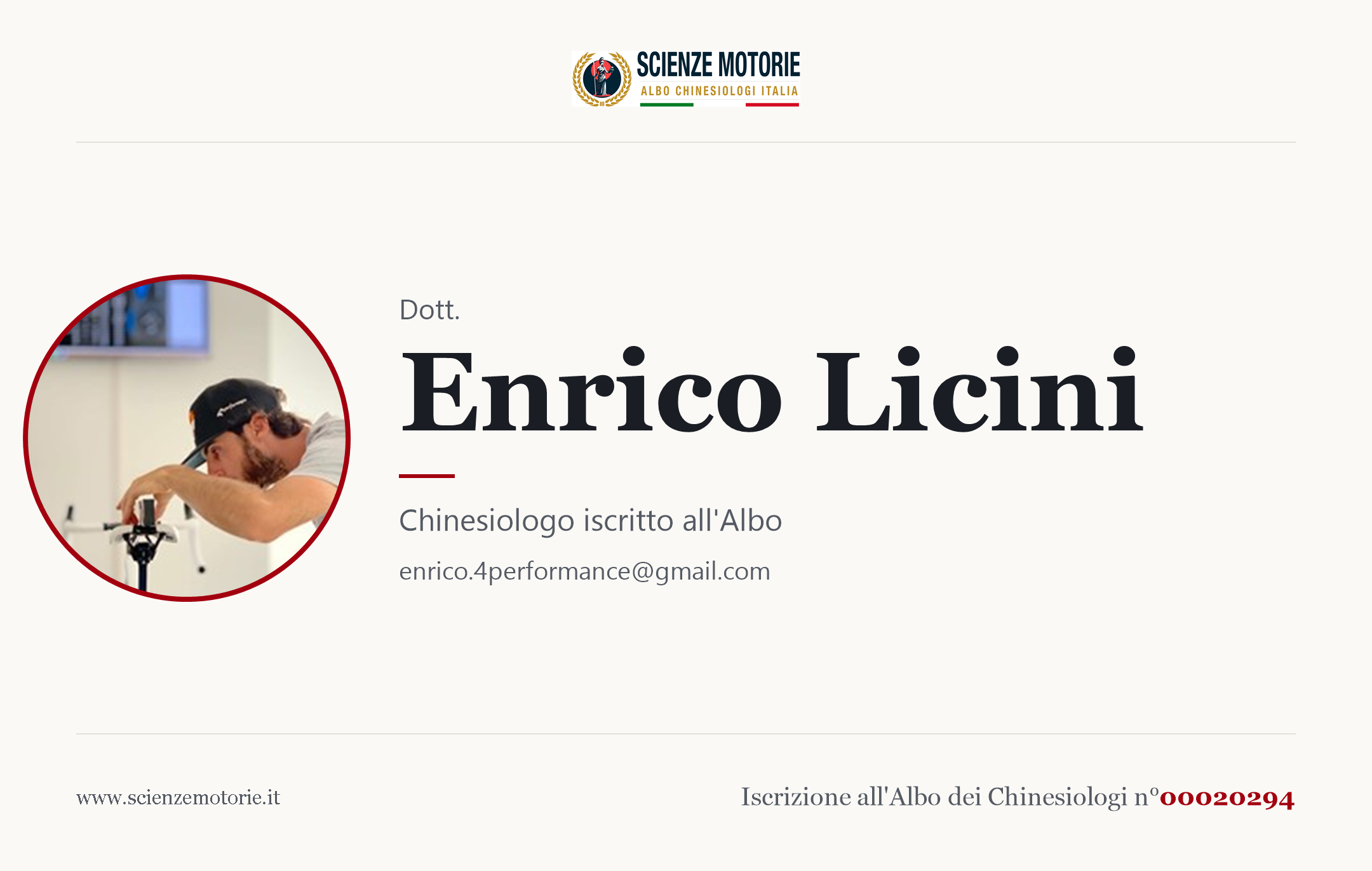 Biglietto da visita di Enrico Licini, Chinesiologo iscritto all'Albo n. 00020294