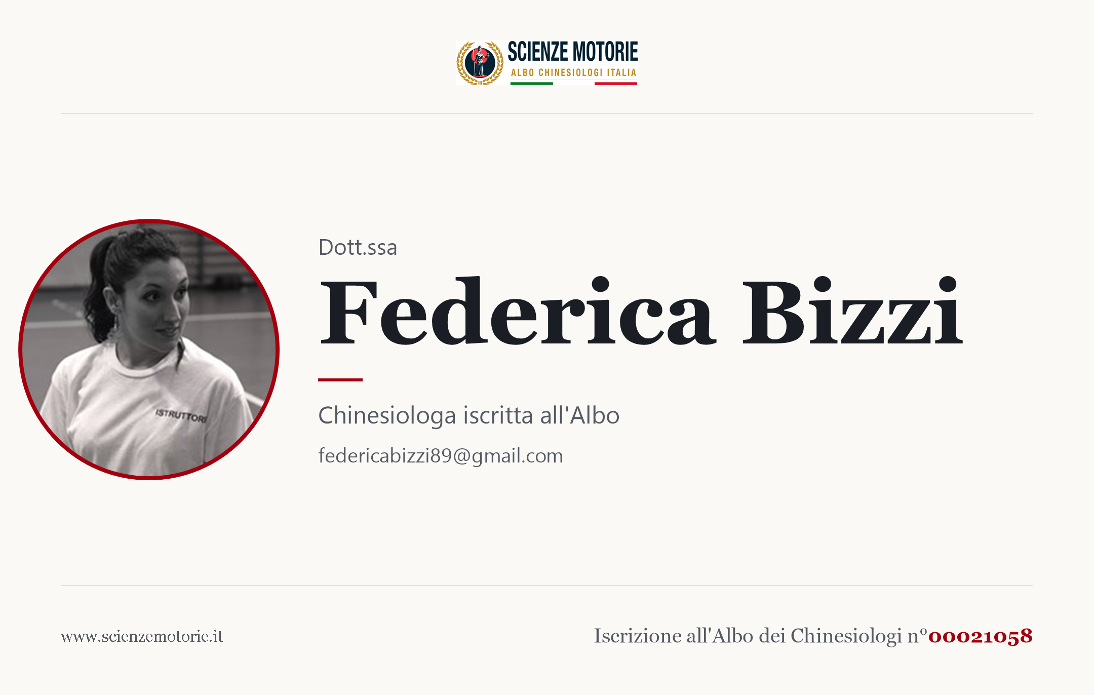 Biglietto da visita di Federica Bizzi, Chinesiologo iscritto all'Albo n. 00021058