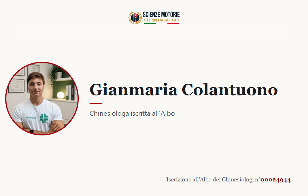 Biglietto da visita di Gianmaria Colantuono, Chinesiologo iscritto all'Albo n. 00024944