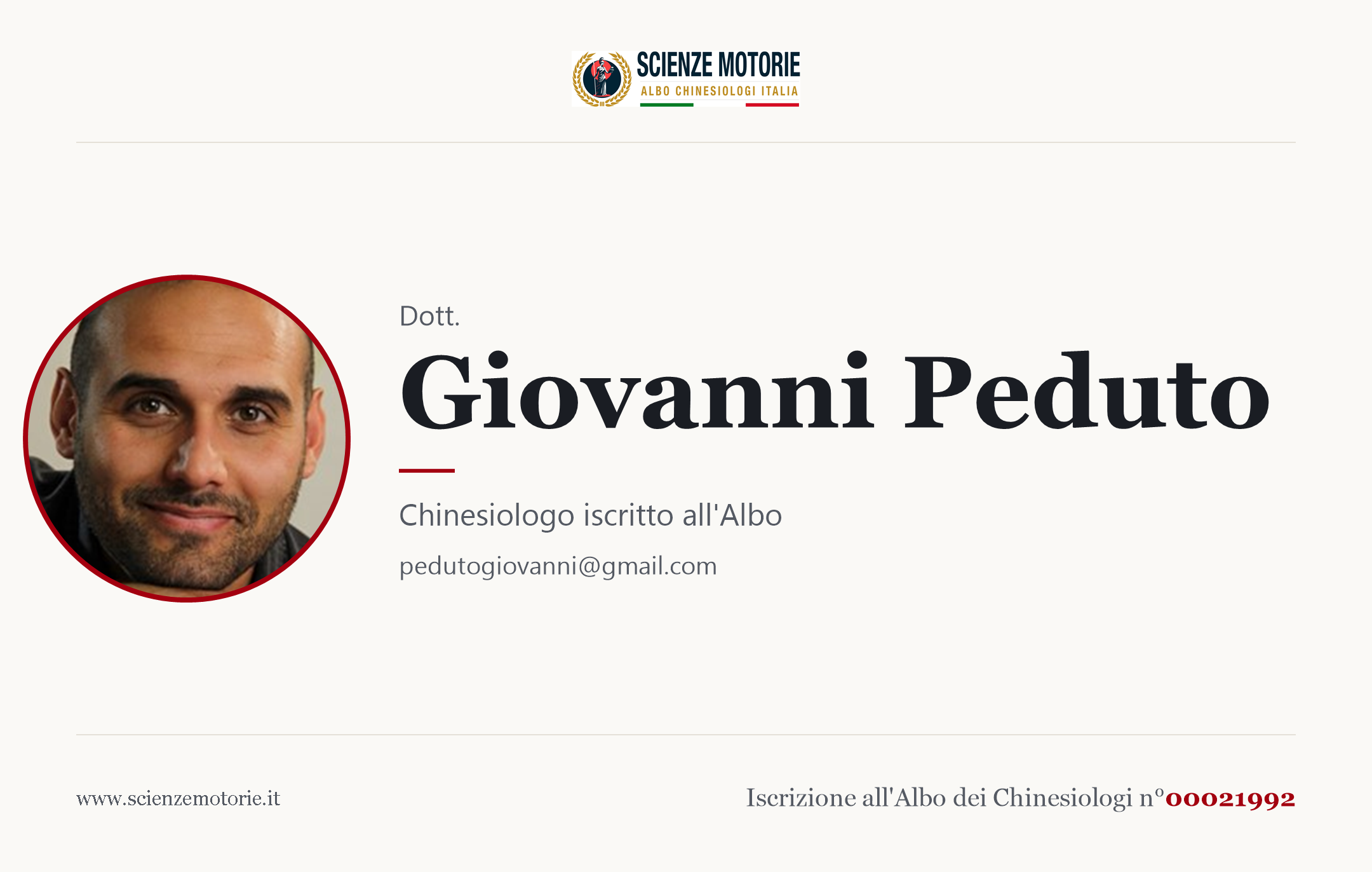 Biglietto da visita di Giovanni Peduto, Chinesiologo iscritto all'Albo n. 00021992