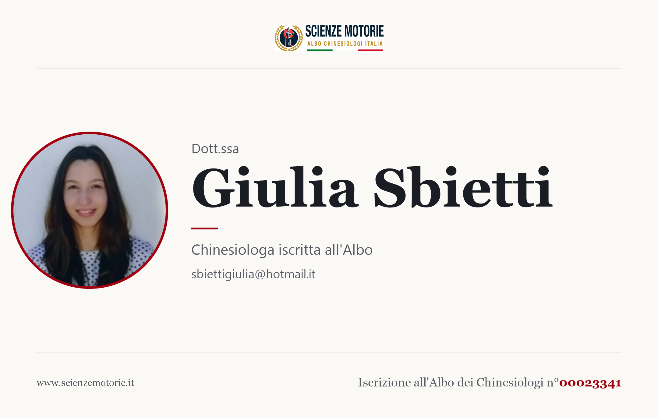 Biglietto da visita di Giulia Sbietti, Chinesiologo iscritto all'Albo n. 00023341