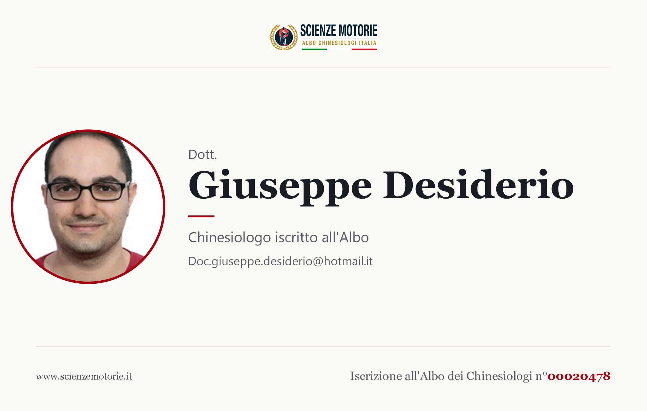 Biglietto da visita di Giuseppe Desiderio, Chinesiologo iscritto all'Albo n. 00020478