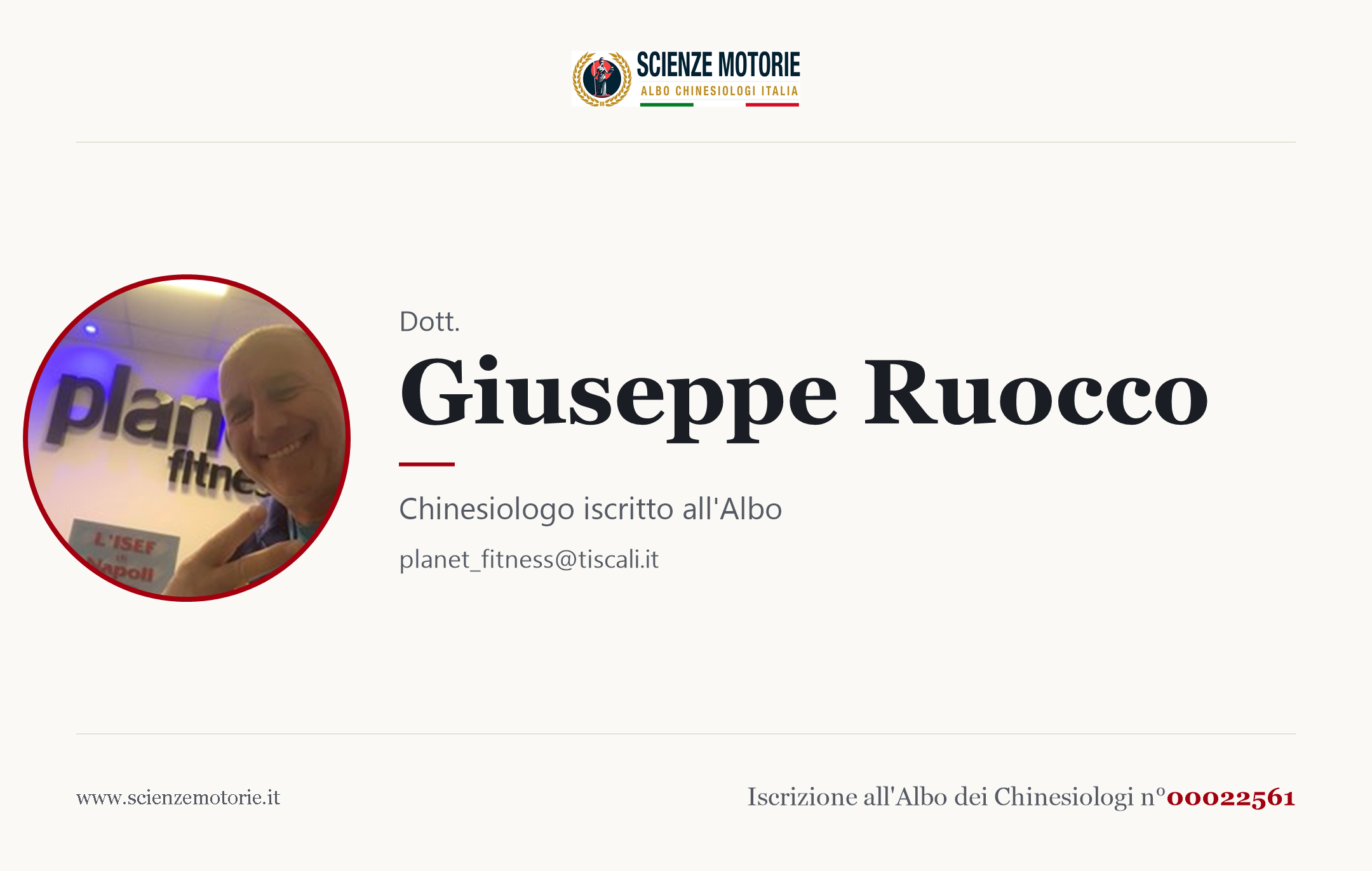 Biglietto da visita di Giuseppe Ruocco, Chinesiologo iscritto all'Albo n. 00022561
