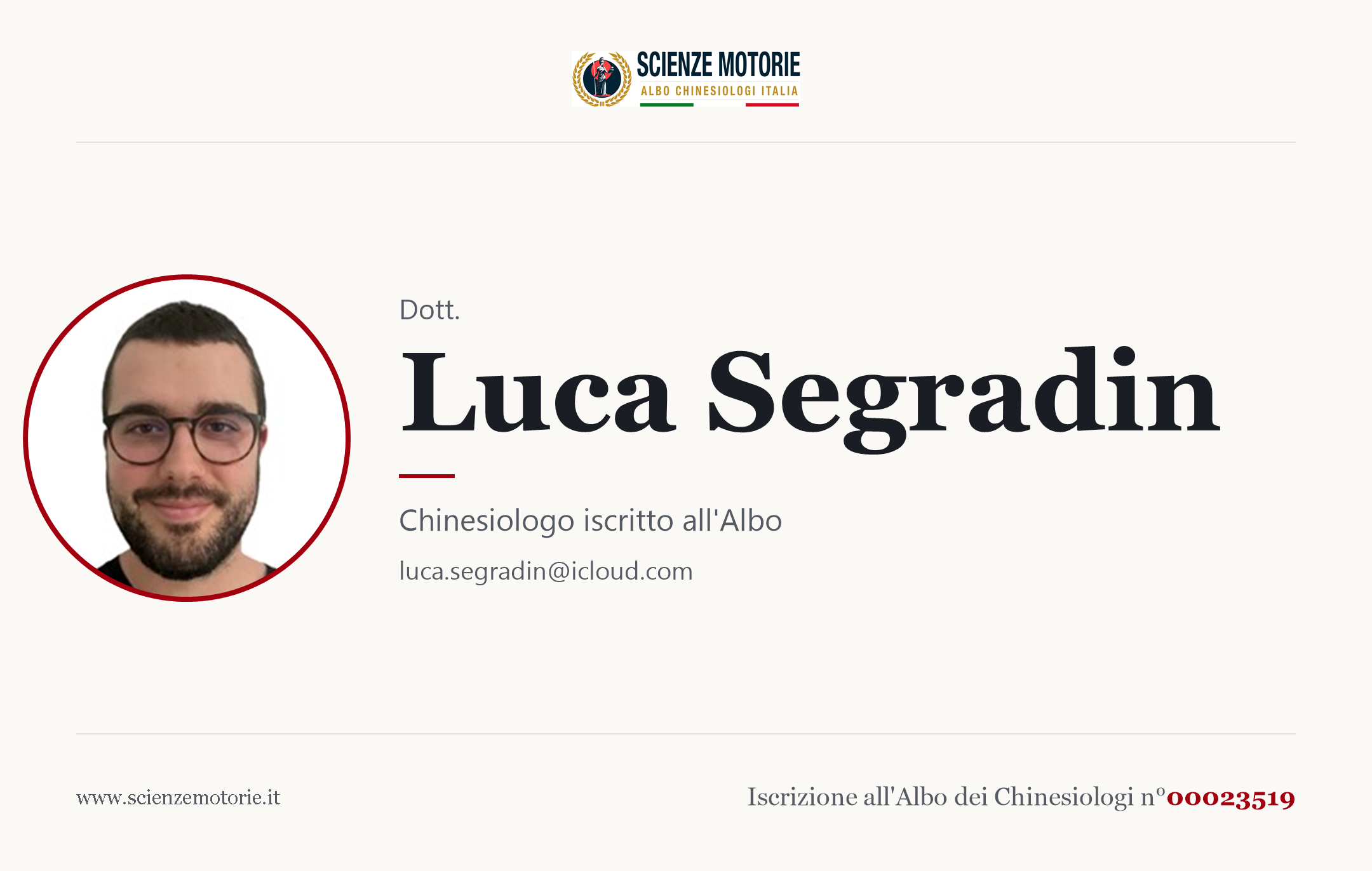 Biglietto da visita di Luca Segradin, Chinesiologo iscritto all'Albo n. 00023519