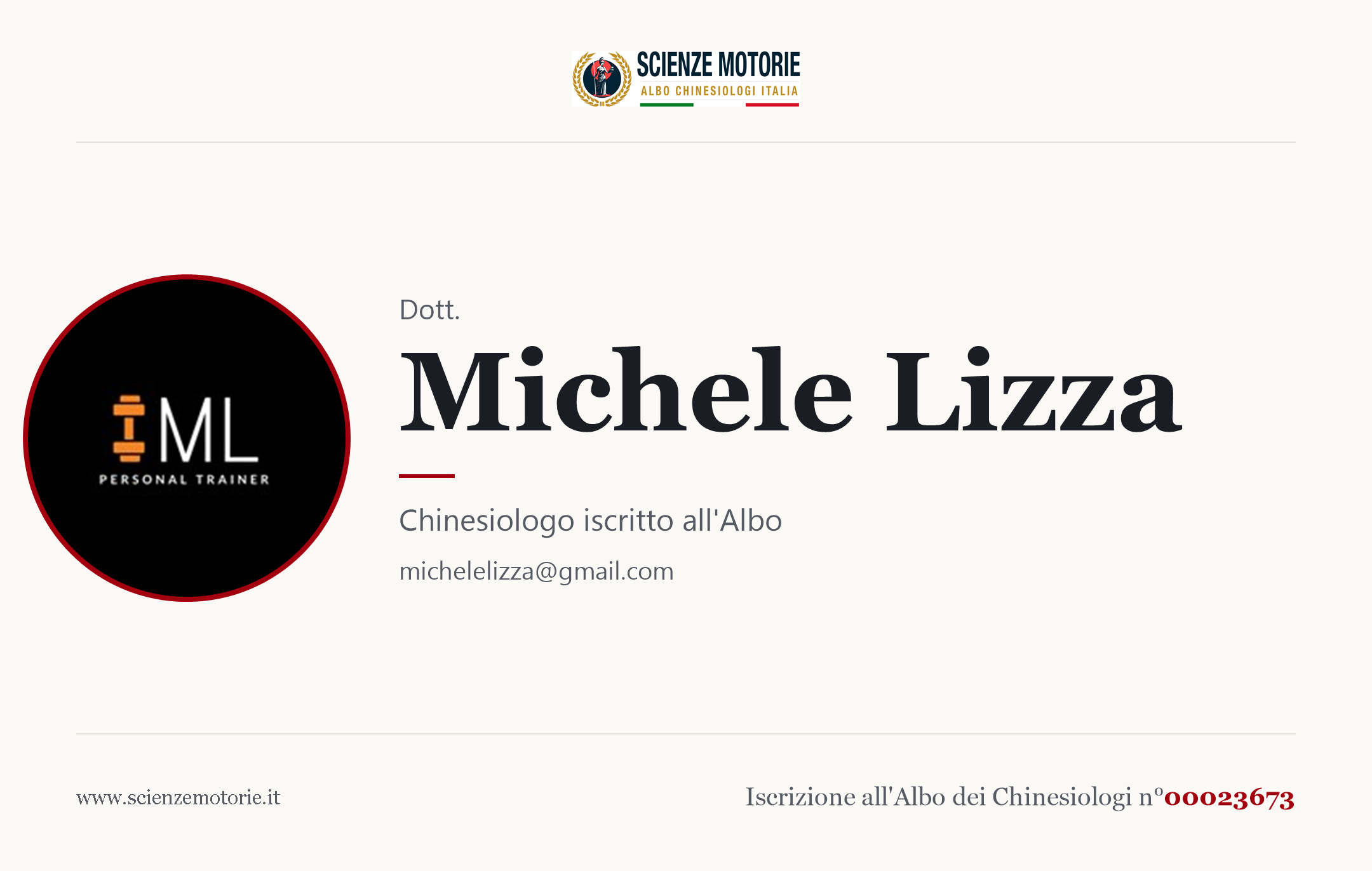 Biglietto da visita di Michele Lizza, Chinesiologo iscritto all'Albo n. 00023673