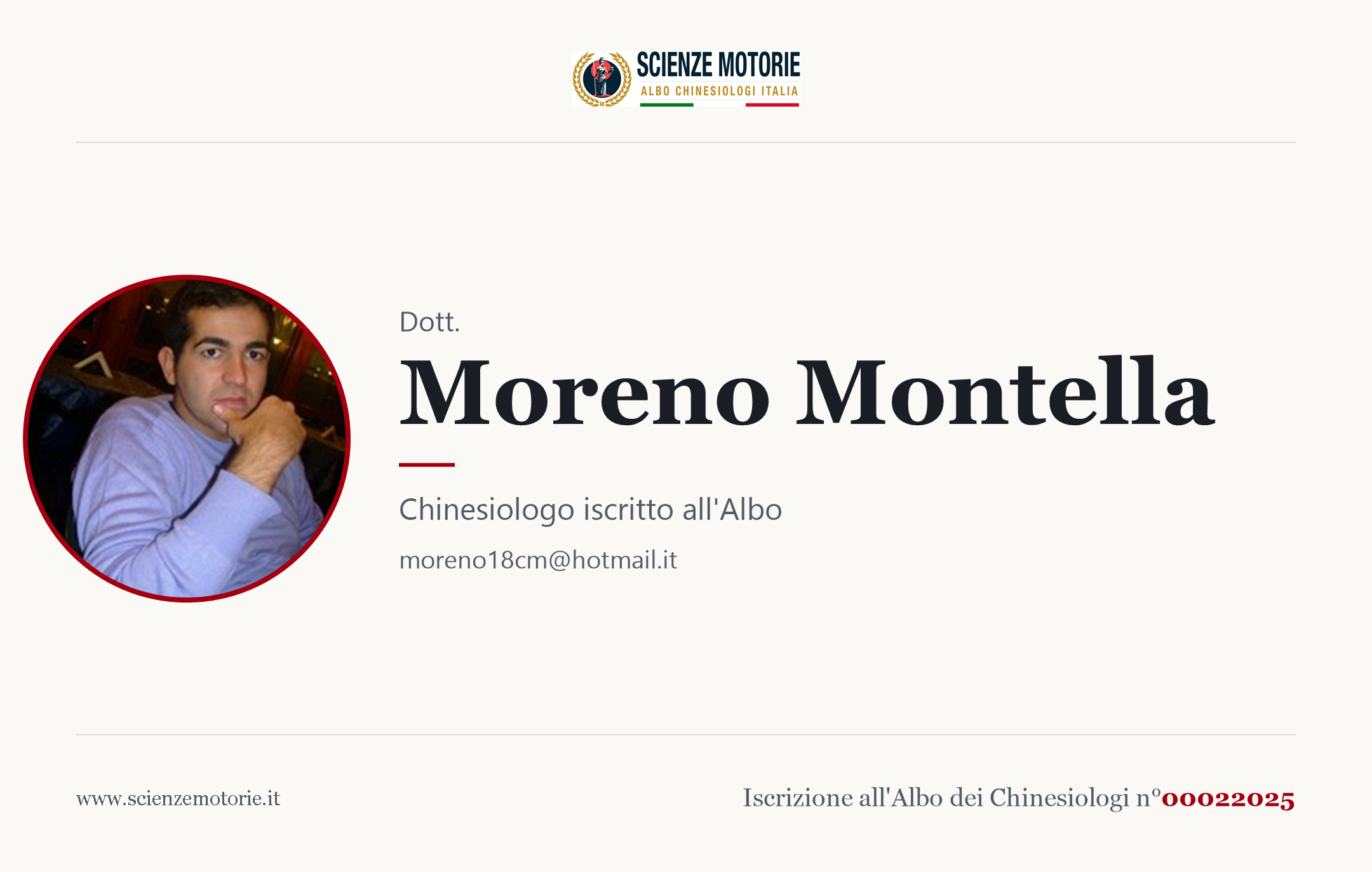 Biglietto da visita di Moreno Montella, Chinesiologo iscritto all'Albo n. 00022025