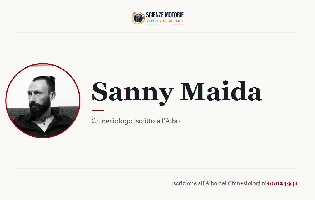 Biglietto da visita di Sanny Maida, Chinesiologo iscritto all'Albo n. 00024941
