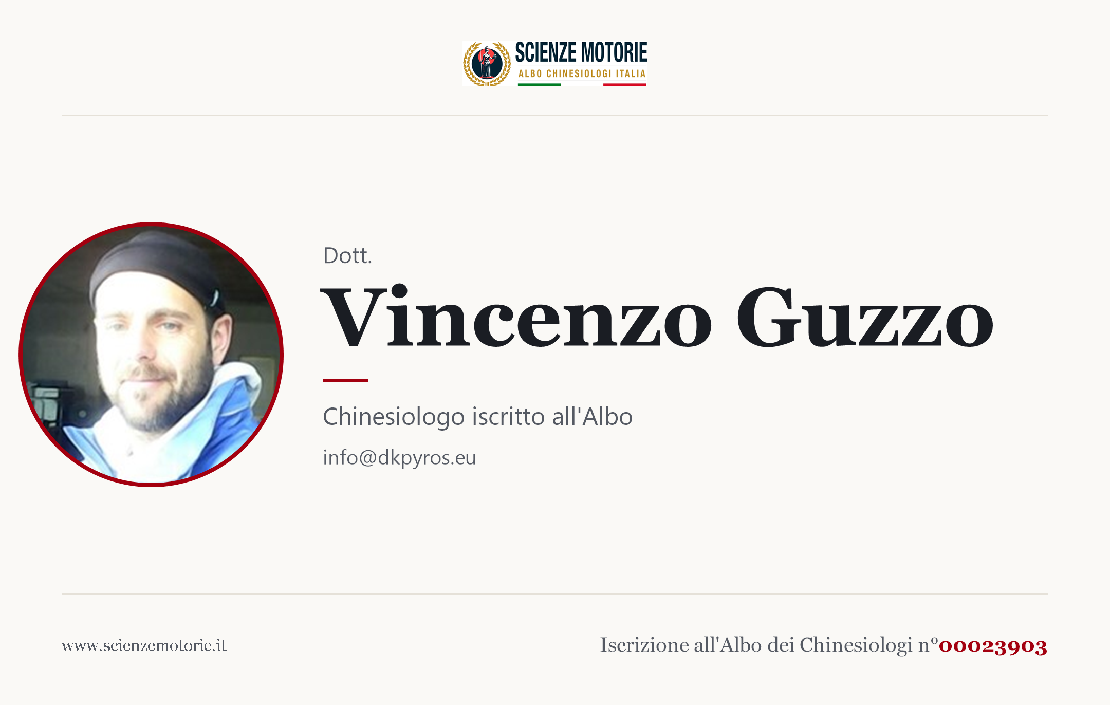 Biglietto da visita di Vincenzo Guzzo, Chinesiologo iscritto all'Albo n. 00023903